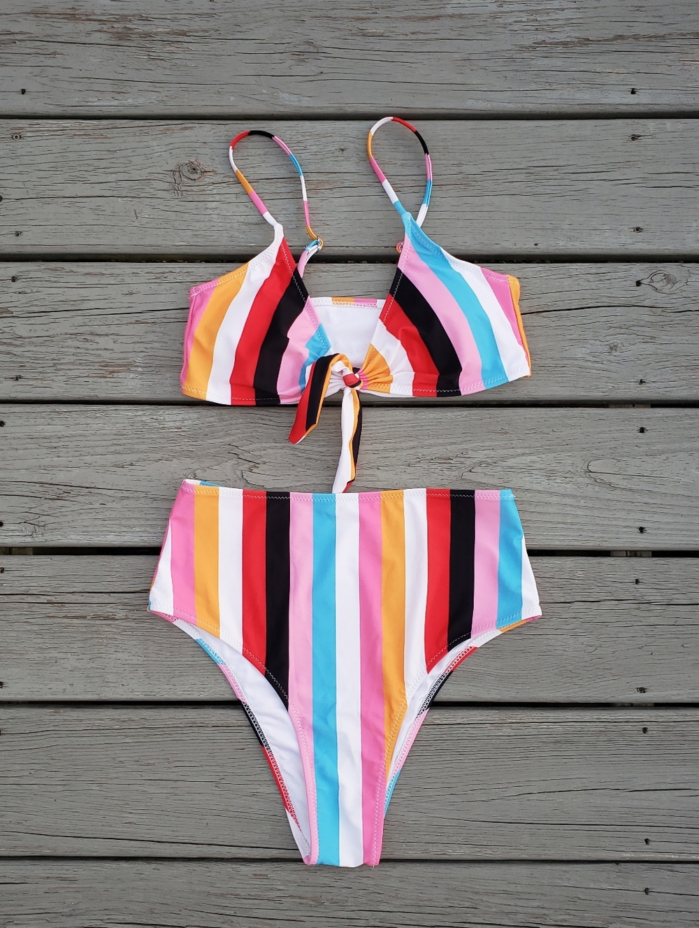 Women's High Waiste Striped 2Pc Swim - Medium